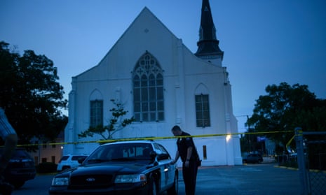 A police officer stands guard outside Emanuel AME Church in Charleston, South Carolina, in June 2015.