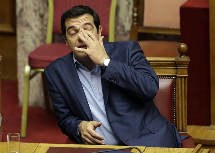 Alexis Tsipras<br>Greece’s Prime Minister Alexis Tsipras reacts during an emergency parliament session in Athens, Thursday, July 23, 2015. Greek lawmakers held a whirlwind debate into the early hours Thursday on further reforms demanded by international creditors in return for a third multi-billion-euro bailout, with attention focusing on government rebels who oppose the measures. (AP Photo/Thanassis Stavrakis)