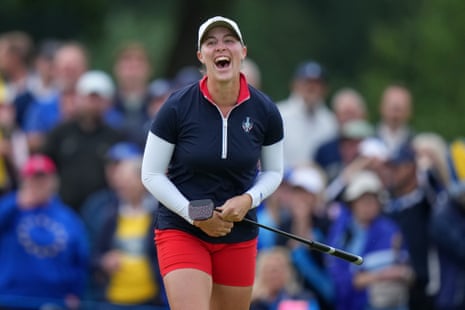 Jennifer Kupcho of the United States celebrates after holing a monster 90 foot putt on the 17th green.