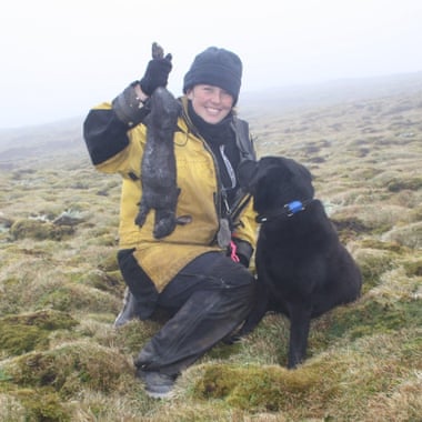 Melissa and Wags with the last adult rabbit on Macquarie Island in November 2011.