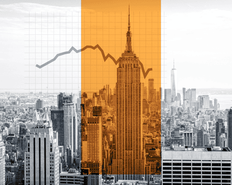 New York City skyline with a carbon emissions graph