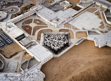 Prisoners on the roof … aerial view of Tehachapi, The Yard, installed at a California jail.