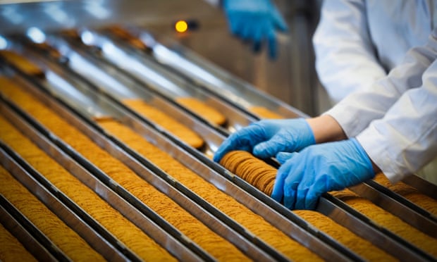 factory worker at biscuit conveyor belt