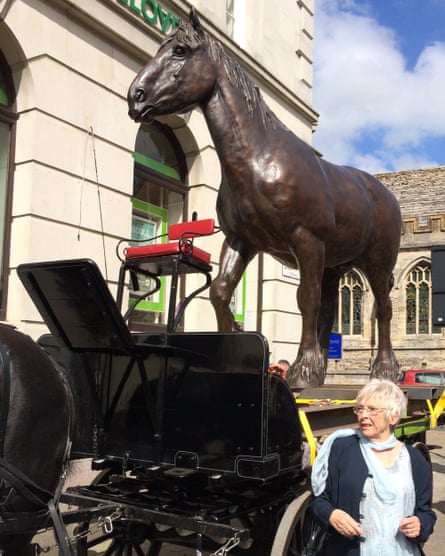 Shirley Pace with her statue Drummer, 2014, in Dorchester, Dorset