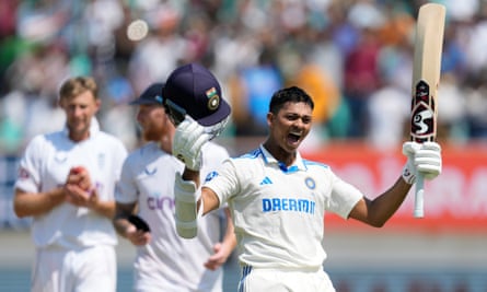 Yashasvi Jaiswal celebrates his double century for India on a brutal day for England in Rajkot.