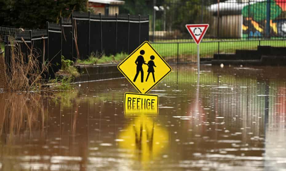Flood water inundates a road on March 29, 2022 in Lismore, Australia