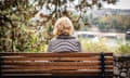 Senior woman sitting on the bench<br>Lonely senior woman is sitting on the bench in park