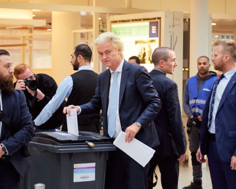 PVV (Party for Freedom) leader Geert Wilders casts his ballot at the city hall during the general election in The Hague, the Netherlands.