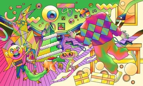 Graphic illustration of a person wearing a VR headset entering a virtual gathering and greeting a geometric dinosaur avatar, an alien wearing a crown and a caricature of another person. At the center is a linear tree decorated with Meta symbols and topped with an eyeball.