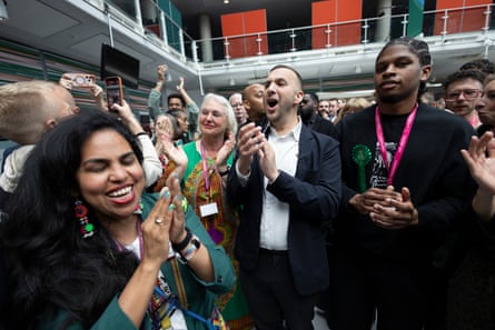 The Green party leader, Zack Polanski, celebrates local election results in Hackney, east London, 8 May 2026.