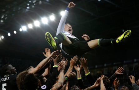 Chelsea captain John Terry is thrown into the air by his teammates after Chelsea won the Premier League title by beating West Bromwich Albion at the Hawthorns.