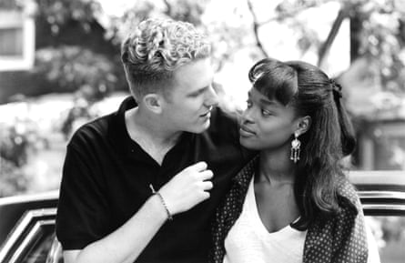 Actor Michael Rapaport and actress N’Bushe Wright on set of the movie “Zebrahead” , circa 1992. (Photo by Michael Ochs Archives/Getty Images)