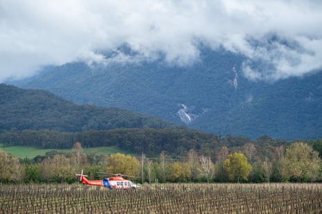 An ambulance helicopter at an operations centre at Feathertop Winery, just north of Porepunkah
