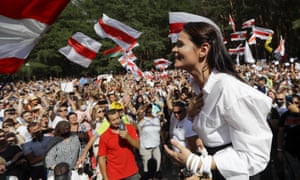 Svetlana Tikhanovskaya addresses a rally in Minsk