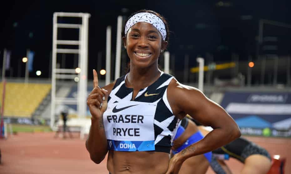 Shelly-Ann Fraser-Pryce celebrates after winning the 100m at a Diamond League meeting in Doha in May