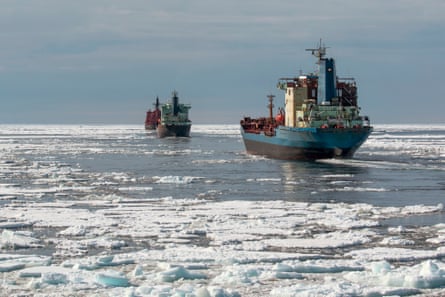 Two vessels in icy waters.