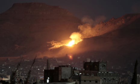Fire and smoke rise after a Saudi-led airstrike hit a site believed to be one of the largest weapons depots on the outskirts of Yemen’s capital, Sanaa, 14 October, 2016.