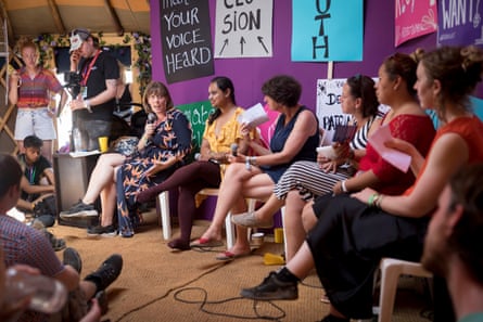 Phillips with Kaveri Mayra, Betsy McCallon, Rev Kate, Diana Flores and Mary Brandon as part of a panel talk at Glastonbury festival in 2019.