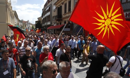 People protest against the deal in the southern Macedonian town of Bitola on Sunday.