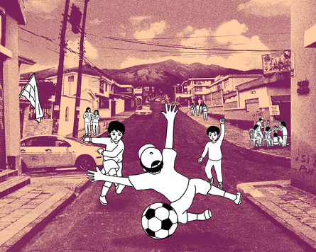 A picture of three children playing football with the child in the middle falling to trying to stop the ball