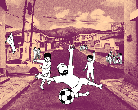 A still from the video game Despelote. Black and white sketched figures playing football are superimposed over a sepia background of a town’s street, with mountains in the distance.