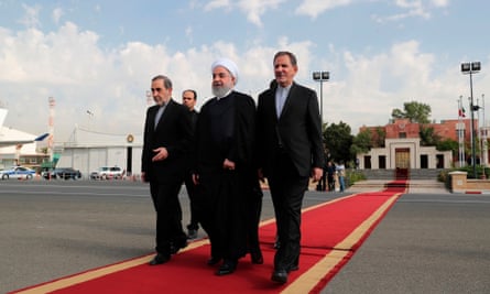 The Iranian president, Hassan Rouhani (centre), with and vice-president Eshaq Jahangiri (right) and Ali Akbar Velayati shortly before leaving Tehran for last year’s general assembly.
