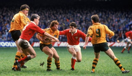Simon Poidevin of the Wallabies is tackled during a Test against Wales in 1984.