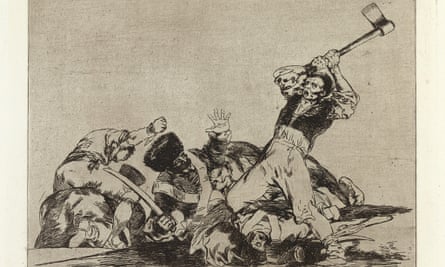 An etching showing a man in battle wielding an axe.