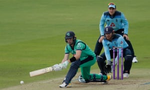 Ireland’s Andrew Balbirnie sweeps Moeen Ali.