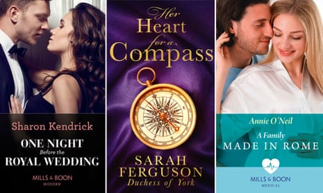 Mills &amp; Boon book covers, including Sarah Ferguson’s Her Heart for a Compass, centre. 