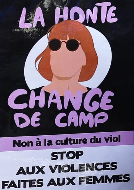 A closeup photo shows a placard with an illustration by yAline Dessine reading “Shame must change sides, Stop to violence against women”, held by a protester during a demonstration in support of Gisele Pelicot in Marseille on 14 September