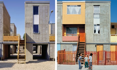 In Iquique, Chile, Aravena provided a concrete frame, with kitchen, bathroom and a roof (left), which were designed to allow families to fill in the gaps (right). 