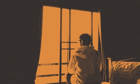 person stares out window in stylized black and orange image