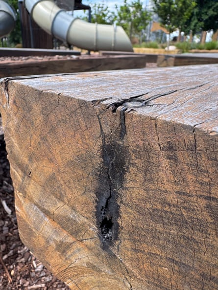 Timbers showing black staining, which were salvaged from the former Rozelle rail yard used in the construction of the children’s playground at Rozelle