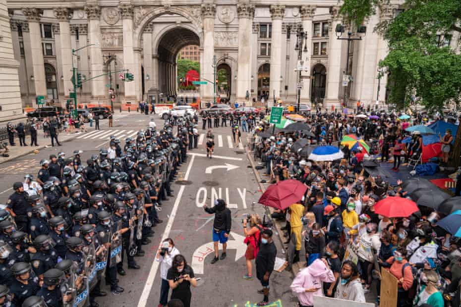 Black Lives Matter protestors and police officers on 1 July 2020 in New York City. Like the Occupy Wall Street movement, BLM made food and medical and information stations available to assist protesters.