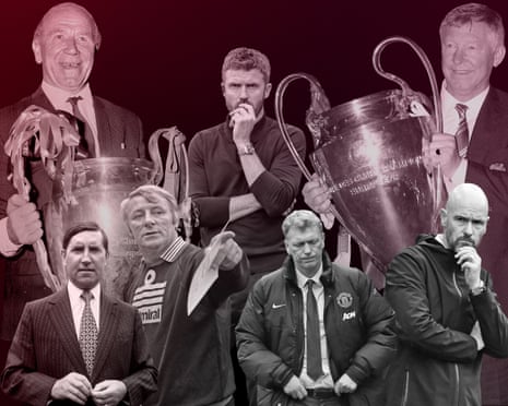 Montage of Manchester United managers through history, some holding European Cup trophies