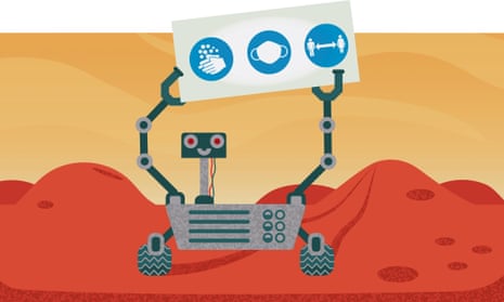 robot or rover on Mars warning of precautions against Covid spread by astronauts