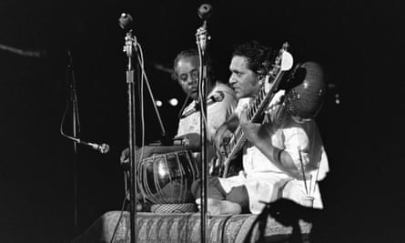 Alla Rakha and Ravi Shankar on stage at Woodstock