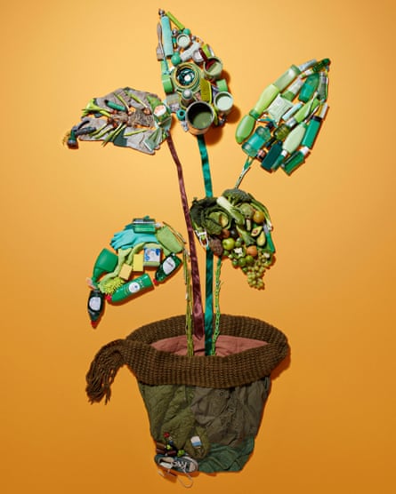 Illustration of a plant in pot, made up of plastic bottles, old clothes, etc