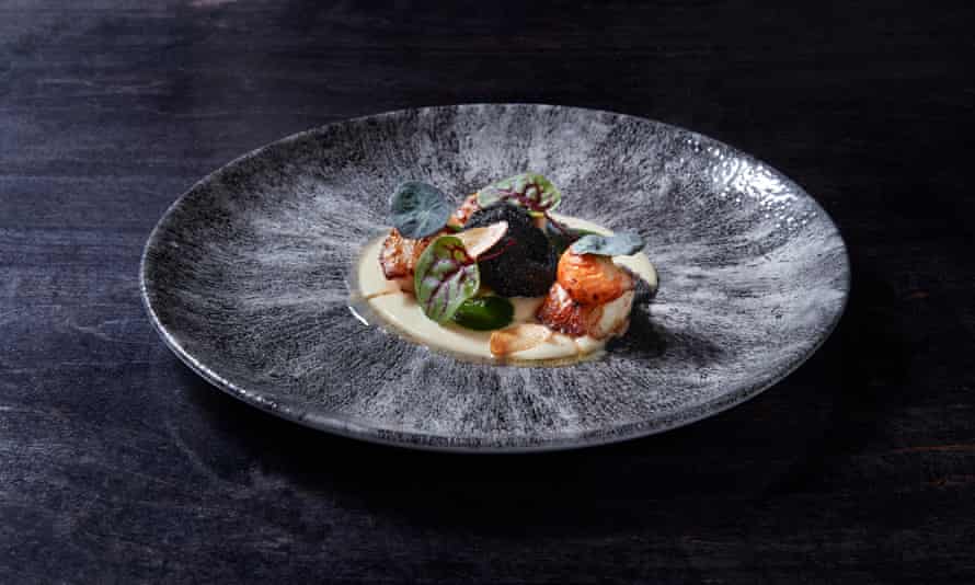 ‘Profoundly beautiful and eatable’: scallops two ways on garlic purée with parsley jelly.