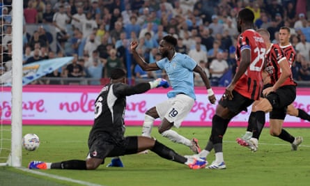 Boulaye Dia gets ahead of the Milan defence to slot home Lazio’s second goal of the game.