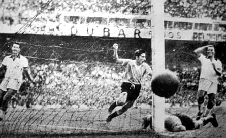 Uruguay's Alcides Ghiggia scores during the Maracanazo.