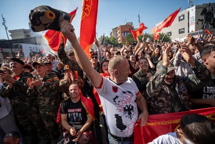 Crowds chant as people wait for the decision of The Kosovo Specialist Chambers against leaders of former Kosovo Liberation Army