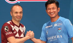 Andrés Iniesta (Vissel Kobe) and Kazuyoshi Miura (Yokohama FC) shake hands at the J League media day.
