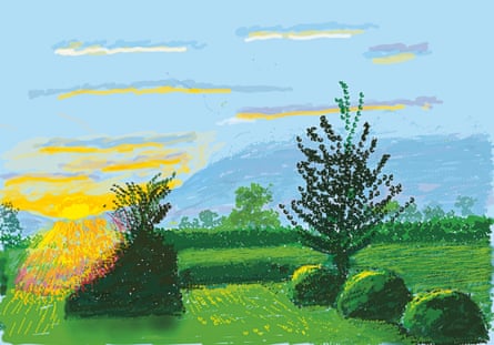 An iPad painting of a sunrise over a green garden with clipped hedges and trees