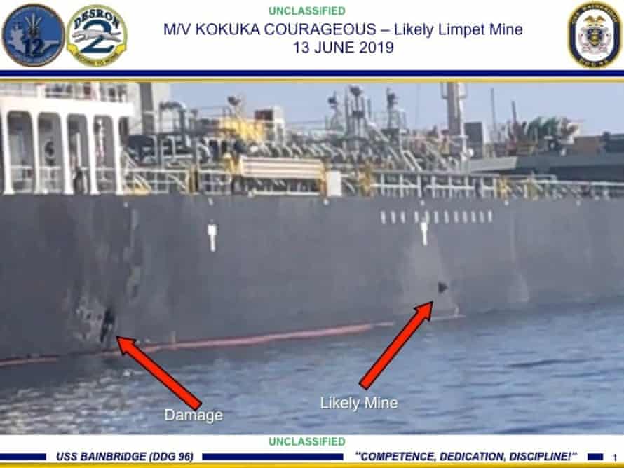 A picture released by US Central Command shows what the US military says is damage from an explosion (left) and a likely limpet mine on the hull of Kokuka Courageous.