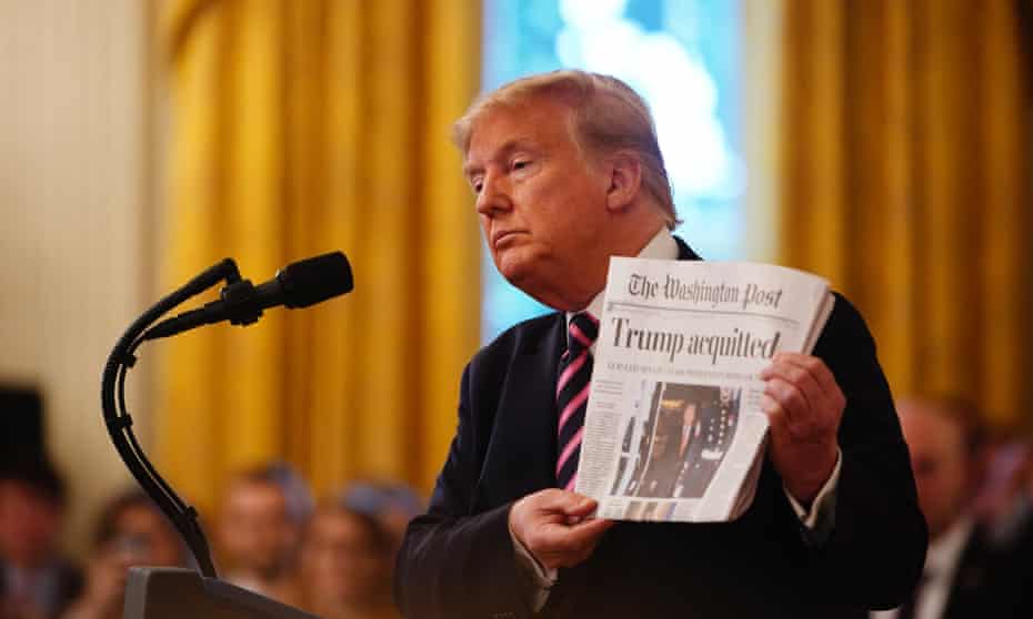 Trump has frequently railed against the Washington Post – but he seemed happy to brandish it at the White House in the wake of his impeachment acquittal.