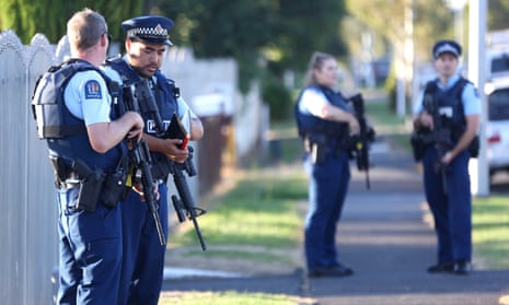 Armed police outside a mosque in Manurewa in Auckland, New Zealand