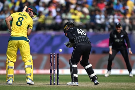 Mitchell Marsh is bowled by Mitchell Santner.