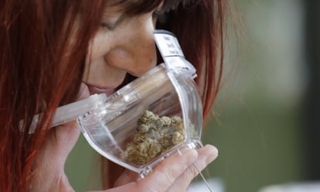 A customer sniffs a display sample of marijuana in Vancouver, British Columbia. 